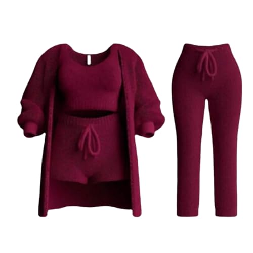 Misscosy Strickset 4-teilig, gemütliches Strickset für Damen, weicher Fleece-Schlafanzug, warme Strickjacke, Mantel, Weste, Shorts oder Hose (Red,Medium) von PNZLZIA