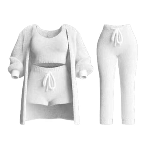 Misscosy Strickset 4-teilig, gemütliches Strickset für Damen, weicher Fleece-Schlafanzug, warme Strickjacke, Mantel, Weste, Shorts oder Hose (White,Medium) von PNZLZIA