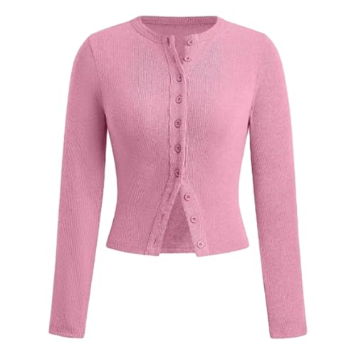 PNZLZIA Kurzer Strickjacke aus geripptem Strick, langärmlig, für Damen, Strickjacke aus geripptem Strick, langärmlig (XX-Large, Pink) von PNZLZIA