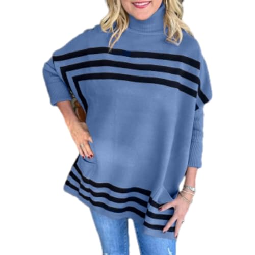 Pinklaura Pullover mit Fledermausärmeln, Pinklaura Rollkragenpullover mit Fledermausärmeln und Streifen, Pullover mit Fledermausärmeln und hohem Kragen (X-Large,Blue) von PNZLZIA