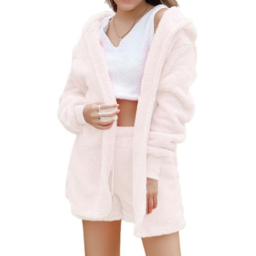 Shebella Pyjama-Set 3-teilig, Flauschiges Fleece-Pyjama-Set für Damen, warmes Winter-Pyjama-Set für Damen (Beige,X-Large) von PNZLZIA