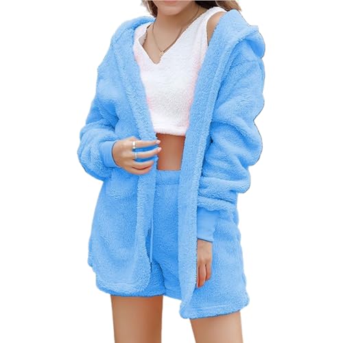 Shebella Pyjama-Set 3-teilig, Flauschiges Fleece-Pyjama-Set für Damen, warmes Winter-Pyjama-Set für Damen (Blue,XX-Large) von PNZLZIA