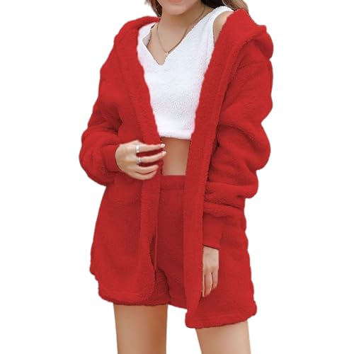 Shebella Pyjama-Set 3-teilig, Flauschiges Fleece-Pyjama-Set für Damen, warmes Winter-Pyjama-Set für Damen (Red,X-Large) von PNZLZIA