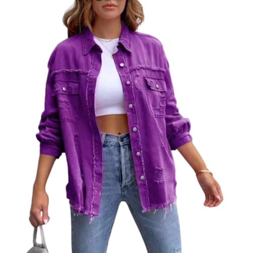 The Beauty North Jeansjacke, Damen Jeansjacke mit Langen, zerrissenen Kanten, Beauty North Jeansjacke (XX-Large,Purple) von PNZLZIA