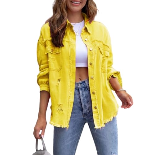 The Beauty North Jeansjacke, Damen Jeansjacke mit Langen, zerrissenen Kanten, Beauty North Jeansjacke (XX-Large,Yellow) von PNZLZIA