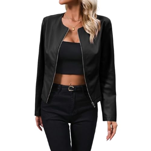 Trendige Bikerjacke aus Kunstleder für Damen, Collegejacke aus Kunstleder für Damen, Kurze Lederjacke (Medium,Black) von PNZLZIA