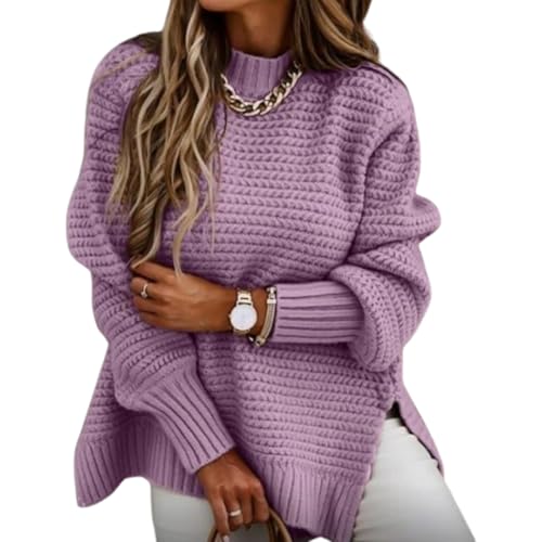 Übergroße Rundhalspullover mit Zopfmuster für Damen, langärmlige Rundhalspullover mit seitlichem Schlitz, Strickoberteile, Strickpullover (Medium,Purple) von PNZLZIA