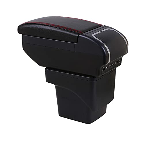 PODIYCOTZ Modifizierte Armlehnen-Box für Ford Focus 2 MK2 2005–2015, drehbar, PU-Leder, zentrale Aufbewahrungsbox, mit Getränkehalter, Aschenbecher, USB (E Schwarz / Rot mit USB) von PODIYCOTZ