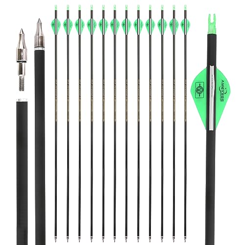 12pcs Pure Carbon Pfeile Spine 300 350 400 500 600 Jagdpfeile Zielpfeile für Recurve Bogen Compound Bogen (2 grün 1 weiß, Spine 300) von POEARCUS