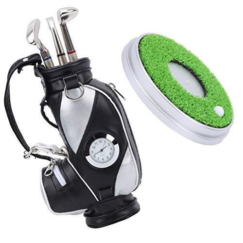 POENVFPO Desktop-Golfstift-Set, Tragbare Minigolftasche aus Zinklegierung mit 3 Kugelschreibern und Sockeldekoration für das Heimbüro (schwarzes Silber) von POENVFPO