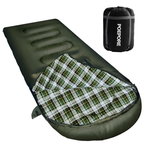 Poepore Schlafsack Outdoor für Erwachsene Leicht 3-4 Jahreszeiten Flanell Schlafsäcke Kleines Packmaß Deckenschlafsack mit Kissen Reißverschluss für Arme und Füße 230x90CM Olive von POEPORE