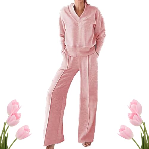 Einfarbiges Oberteil und Hose für Damen, zweiteiliges Set mit V-Ausschnitt, Pullover, Athleisure-Set, 2-teiliges Set (Rosa, Größe 2XL) von POIOZXD