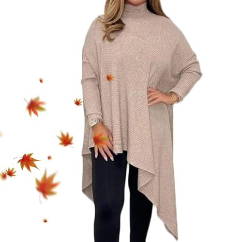 POIOZXD Damen Casual Knit Solid Unregelmäßiger Rollkragenpullover Streifen Oversized Rollkragen Fledermausärmel Pullover Lose Split Hem Sweater (Khaki, XL) von POIOZXD