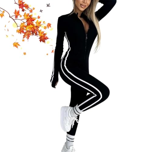 POIOZXD Damen-Jumpsuit, schmale Passform, seitliches Netz, halber Reißverschluss, schwarzer Body, langärmeliger Overall für Damen, Body (Schwarz, M) von POIOZXD