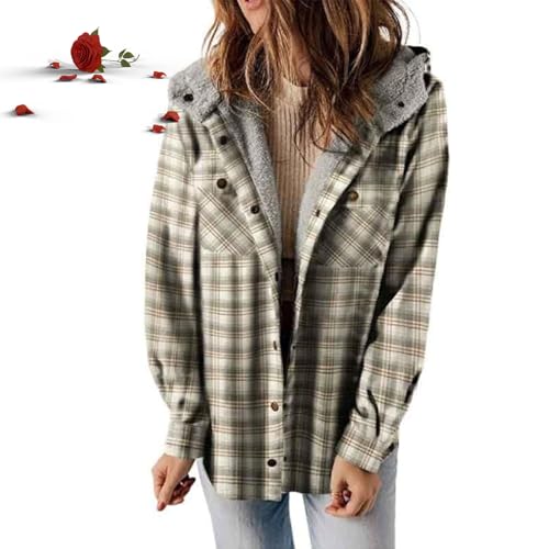 POIOZXD Damen-Kapuzenmantel mit Karomuster, Knopfleiste vorne, flauschiges Fleecefutter, kariert, Flanelljacke, thermisch, warm, Herbst-Winter-Outfits (Grau-Grün, XXL) von POIOZXD