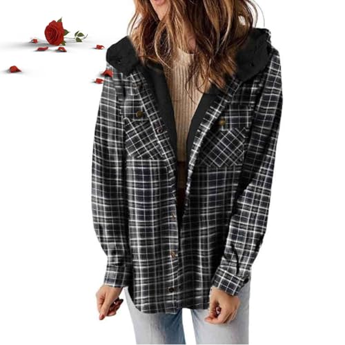 POIOZXD Damen-Kapuzenmantel mit Karomuster und Knopfleiste vorne, flauschiges Fleece-Futter, kariert, Flanelljacke, thermisch, warm, Herbst-Winter-Outfits (Schwarz, M) von POIOZXD