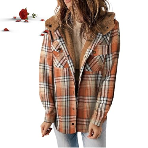 POIOZXD Damen-Kapuzenmantel mit Karomuster und Knopfleiste vorne, flauschiges Fleecefutter, kariert, Flanelljacke, thermisch, warm, Herbst-Winter-Outfits (Orange, M) von POIOZXD