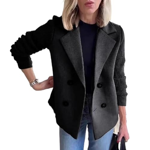 POIOZXD Damen-Mantel mit Revers-Knöpfen, Patchwork-Ärmel, lässiger Mantel, Damen-Wintermantel, Blazer, Pullover für Damen (Schwarz, L) von POIOZXD