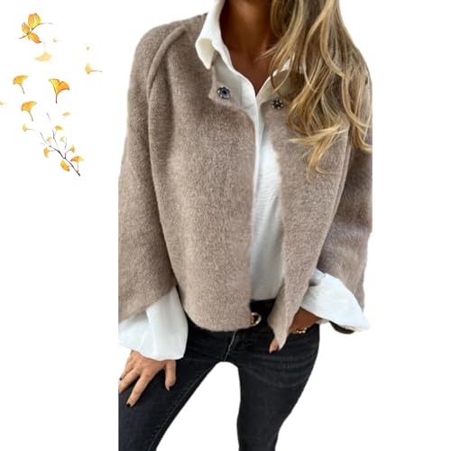 POIOZXD Damen-Mantel mit Rundhalsausschnitt, Wolle, langärmelig, Herbst, Winter, locker, kurz, Kaschmirjacke, lässig, weich, warm, solide, übergroße Strickjacke (Khaki, L) von POIOZXD