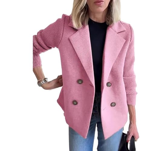 POIOZXD Damen Revers Knopf Strick Patchwork Ärmel Casual Mantel Damen Winter Erbsenmantel Blazer Pullover für Frauen (Rosa, S) von POIOZXD