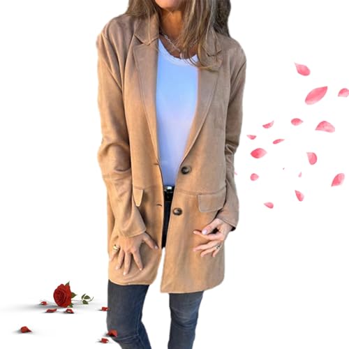 POIOZXD Damen Revers Langarm Casual Lange Strickjacke Herbst und Winter Lang Knopf Mantel Wildleder Casual Open Front Erbsenmäntel für Frauen von POIOZXD