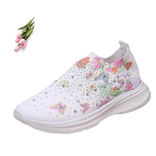 POIOZXD Damen Schmetterling Muster Sneaker Frauen Kristall Atmungsaktiv Slip On Walking Schuhe Sparkly Strass Low Top Mesh Sneaker von POIOZXD