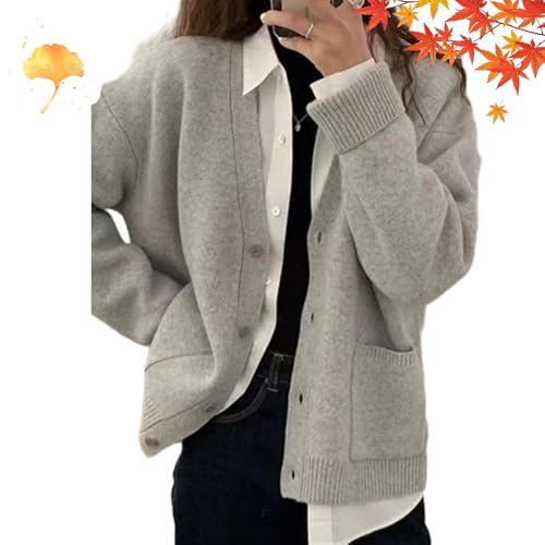 POIOZXD Damen Slouchy Strickcardigan mit Taschen, Herbst Damen V-Ausschnitt Langarm Strickcardigan Sweater Loose Button Down Trendy von POIOZXD