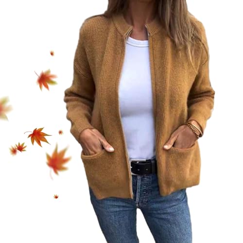 POIOZXD Damen-Strickjacke, Rundhalsausschnitt, Reißverschluss, für Herbst und Winter, solider Reißverschluss, warm, Grobstrick, vorne offen, Pullover mit Taschen von POIOZXD