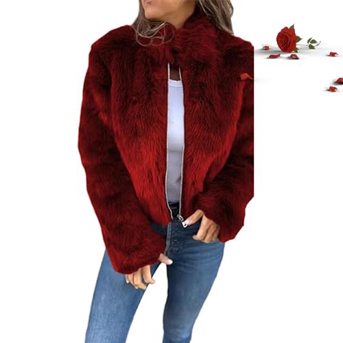 POIOZXD Damenjacke mit hohem Kragen, Pelzreißverschluss, lässiger Winter, Damen-Fell-Kunstfell-Jacken, Mäntel, Teddy-Fleece-Jacke, pelziger Cropped-Mantel (rot, Größe 4XL) von POIOZXD