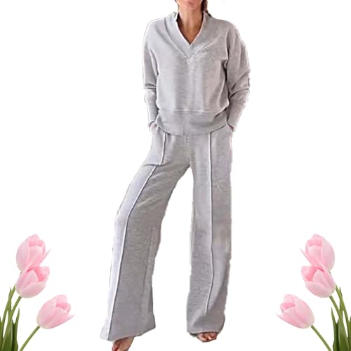 POIOZXD Einfarbiges Oberteil und Hose für Damen, zweiteiliges Set mit V-Ausschnitt, Pullover, Athleisure-Sets für Damen Herbst 2024, Lounge, 2-teiliges Set (Grau, M) von POIOZXD