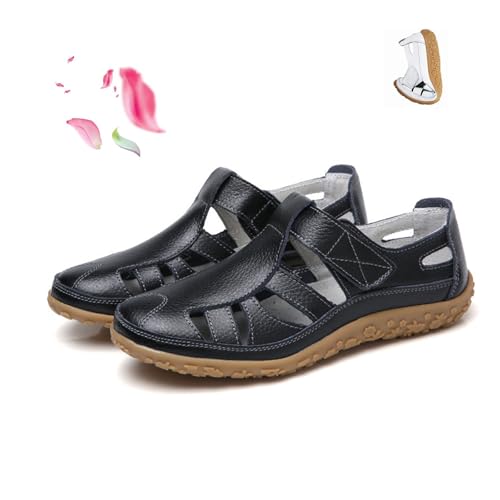 POIOZXD Flache Damen-Sandalen im Retro-Stil, echtes Leder, rutschfest, Sommer, geschlossene Zehen, hohl, bequem, weich, verstellbar, Knöchelriemen, Wanderschuhe (Schwarz, 45 EU) von POIOZXD