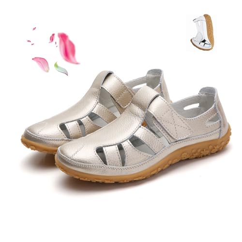 POIOZXD Flache Damen-Sandalen im Retro-Stil, echtes Leder, rutschfest, Sommer, geschlossene Zehen, hohl, bequem, weich, verstellbarer Knöchelriemen, Wanderschuhe (Gold, 39 EU) von POIOZXD