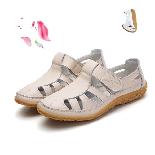 POIOZXD Flache Damen-Sandalen im Retro-Stil, echtes Leder, rutschfeste Sommer-Sandalen, geschlossene Zehen, hohl, bequem, weich, verstellbarer Knöchelriemen, Wanderschuhe (Beige, 36 EU) von POIOZXD