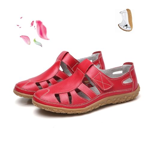 POIOZXD Flache Damen-Sandalen im Retro-Stil, echtes Leder, rutschfeste Sommer-Sandalen, geschlossene Zehen, hohl, bequem, weich, verstellbarer Knöchelriemen, Wanderschuhe (rot, 40 EU) von POIOZXD