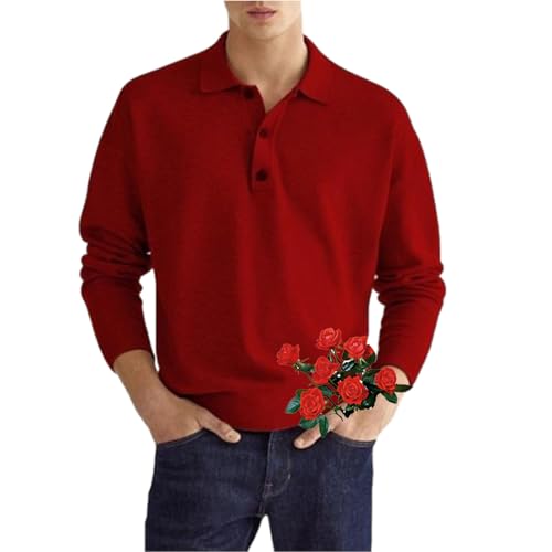 POIOZXD Herren-Poloshirt, lässig, lockeres Revers, langärmelig, Golf, Arbeit, T-Shirts, leichter Pullover, Button-Down-Fleece-Sweatshirt (Rot, M) von POIOZXD