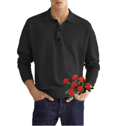 POIOZXD Herren-Poloshirt, lässig, lockeres Revers, langärmelig, Golf, Arbeit, T-Shirts, leichter Pullover, Button-Down-Fleece-Sweatshirt (Schwarz, XL) von POIOZXD