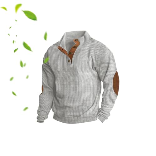 POIOZXD Herren-Sweatshirt für den Außenbereich, lässiger Stehkragen, langärmelig, Cord-Knöpfe, Henley-Pullover mit Ellenbogen-Patches (Hellgrau, Größe 5XL) von POIOZXD