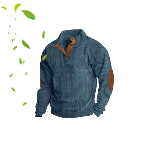 POIOZXD Herren-Sweatshirt mit Stehkragen, langärmelig, mit Kordelknöpfen, Henley-Pullover, Sweatshirt mit Ellenbogen-Patches von POIOZXD