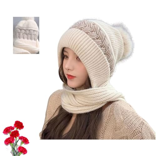 POIOZXD Integrierter Ohrenschutz, winddicht, Damen-Wintermütze, 2-in-1, Winter, warme Strickmütze, Schal, gestrickte Ohrenwärmer für Damen (Beige, Einheitsgröße) von POIOZXD