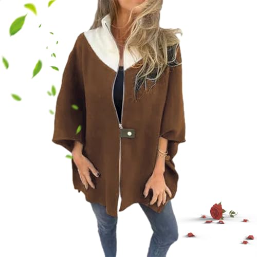 POIOZXD Lässige Damen-Jacke mit Stehkragen, halber Reißverschluss, Herbst und Winter, lässig, locker, langärmelig, Kaschmir, Outwear, weich, warm, solide Strickjacke (Dunkelbraun, M) von POIOZXD