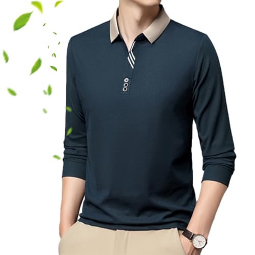 POIOZXD Strickhemden für Herren, langärmelig, einfarbig, langärmelig, T-Shirt mit Revers, lässig, schmale Passform, klassisches Business-Poloshirt (Marineblau, Größe 3XL) von POIOZXD