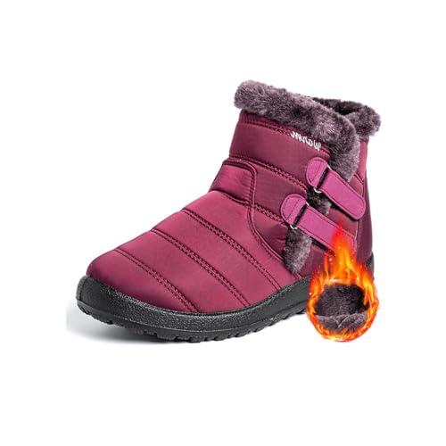 POIOZXD Warme rutschfeste Winterstiefel für Damen, wasserdicht, Schneestiefel, mit Fell gefüttert, warme Stiefeletten mit seitlichem Reißverschluss, leichte Stiefel, Booties (Rot A, 37 EU) von POIOZXD