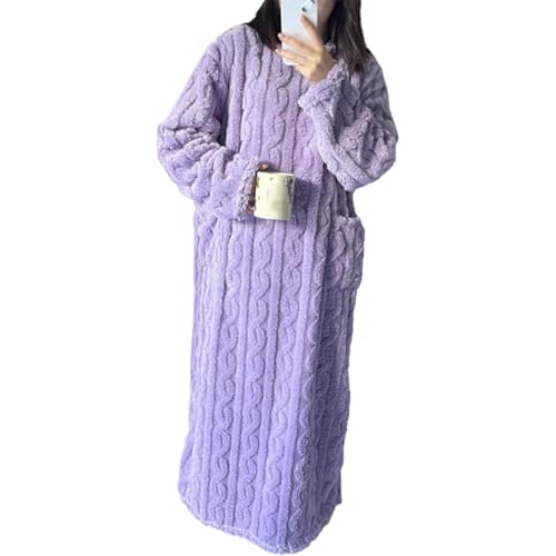 POIOZXD Winter-Pyjama aus Korallensamt, langer Wintermantel für Damen, warmer Plüsch, dicker Flanell, Heim-Pyjama, Korallensamt, Lila, Größe S / 115 cm von POIOZXD