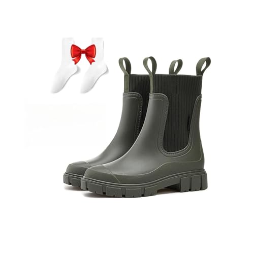 Wasserdichte, rutschfeste, dicke Sohle, mittlere Wadenmitte Stiefel, Regenstiefel für Damen, gefütterte Stiefel für Damen, Garten, elastische Regenstiefel (Grün, 40 EU) von POIOZXD