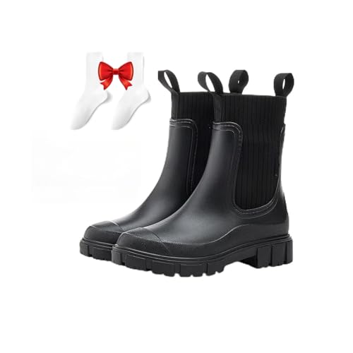 Wasserdichte, rutschfeste, dicke Sohle, mittlere Wadenmitte Stiefel, Regenstiefel für Damen, gefütterte Stiefel für Damen, Garten, elastische Regenstiefel (Schwarz, 38 EU) von POIOZXD