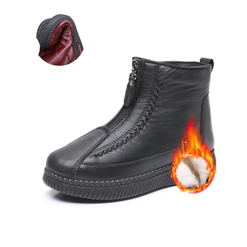 Winter verdickte warme bequeme Mama-Schuhe, wasserdichte, rutschfeste Baumwoll-Leder-Stiefel für Damen, mit Pelz gefüttert, orthopädische Stiefeletten für Frauen (Schwarz, 40 EU) von POIOZXD