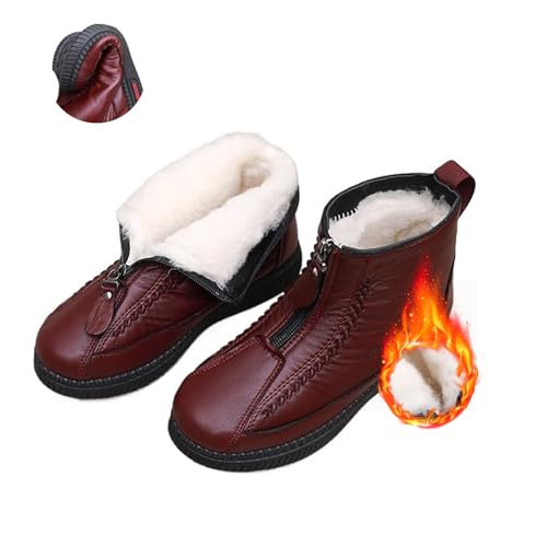 Winter verdickte warme bequeme Mama-Schuhe, wasserdichte, rutschfeste Baumwoll-Lederstiefel für Damen, mit Pelz gefüttert, orthopädische Stiefeletten für Frauen (rot, 39 EU) von POIOZXD