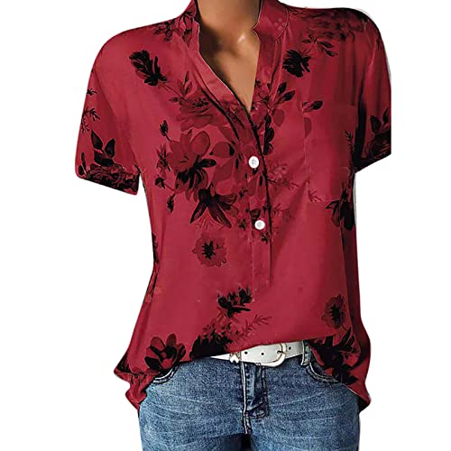 POIUIYQA Blusen & Tuniken für Damen Bluse Kurzarm V-Ausschnitt Hemdbluse Sommer Shirt Blumen Knopfleiste Tunika Tops Oversize Locker Oberteil Longshirt Hemd von POIUIYQA
