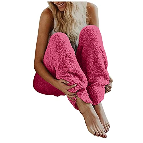 POIUIYQA Damen Hose Teddy Fleece Plüsch High Waist Elegant Winter Warm Hosen Frauen Elastischer Bund Flauschig Lang Einfarbig Freizeithose Yogahose Haushose Loose Schlafanzughose von POIUIYQA