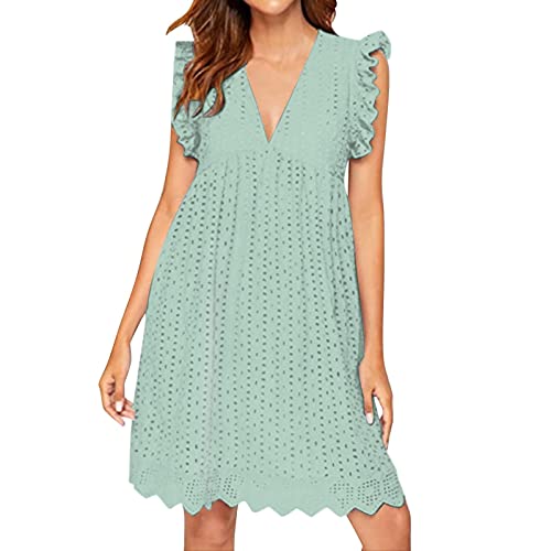 POIUIYQA Sommerkleid Damen Lang Einfarbig Knopf Midikleid Freizeitkleid Sommer V-Ausschnitt Kurzarm Shirt Kleid von POIUIYQA